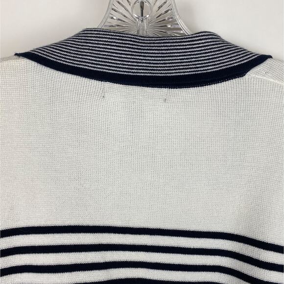 FOXCROFT Cardigan L 100% Cotton Navy White Striped Zip Front Coastal Beachy - Picture 9 of 11
